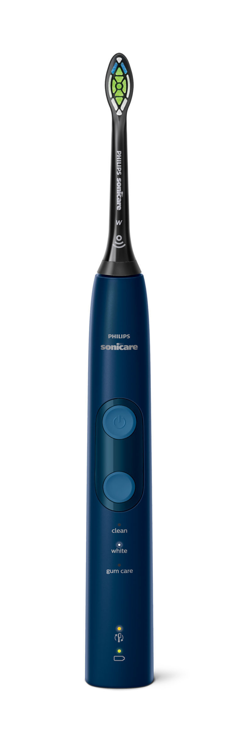 Marineblaue Philips Sonicare Zahnbürste mit zwei blauen Knöpfen und einer Ladeanzeige.