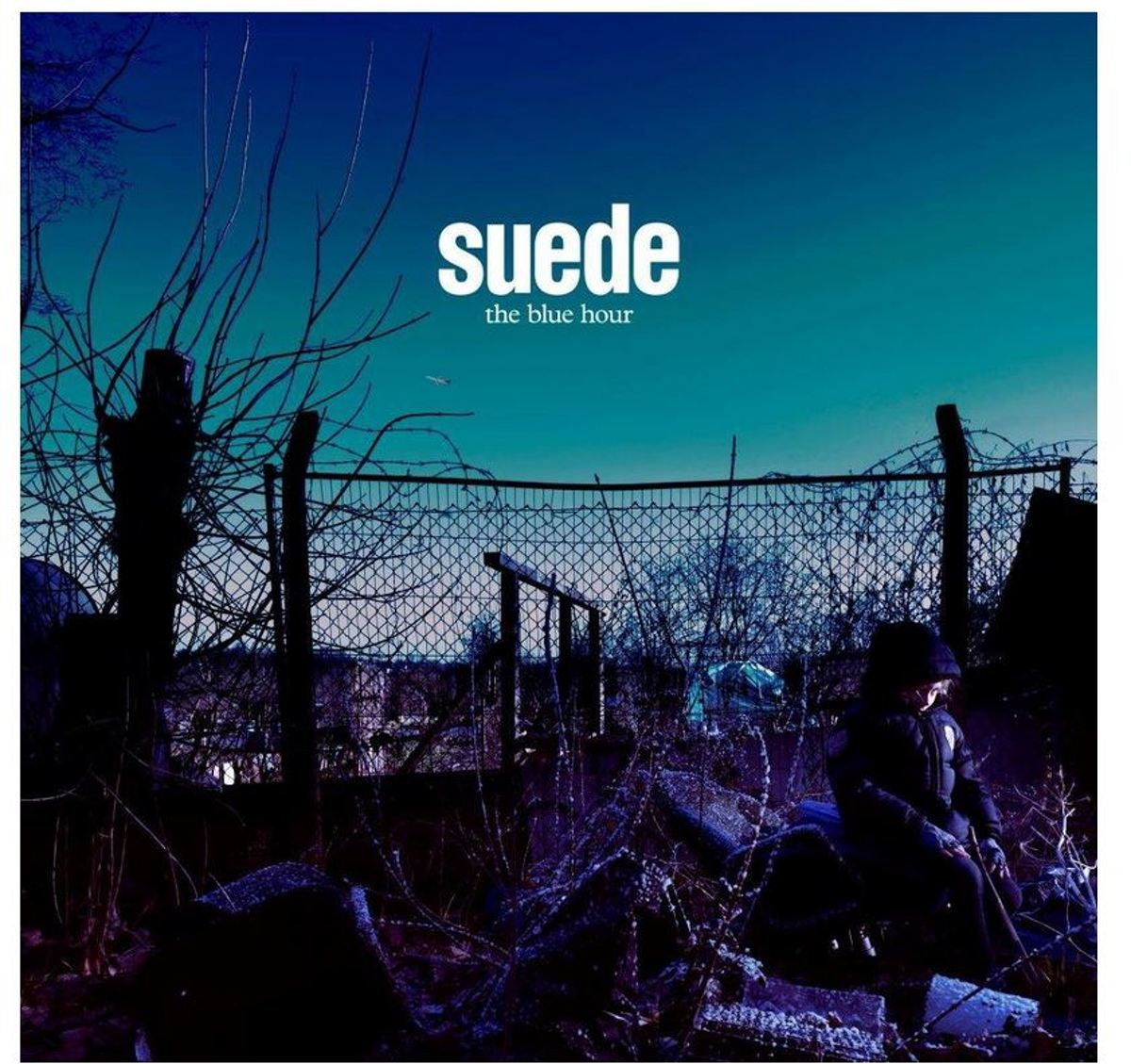 Pochette de l'album 'Suede - The Blue Hour'. Comprend une scène de forêt avec une figure et du texte.