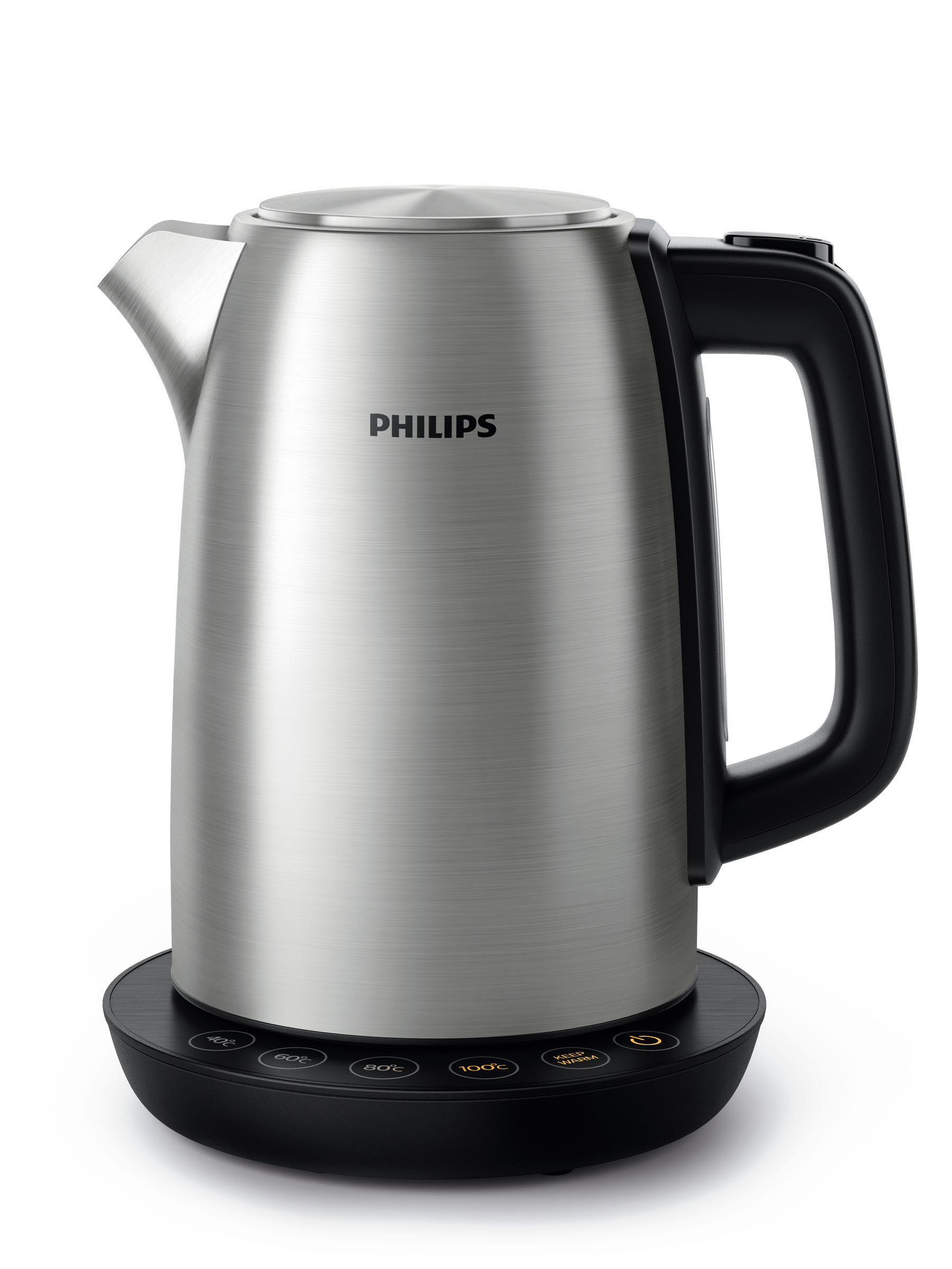 Elektrischer Wasserkocher aus Edelstahl auf schwarzem Sockel. Er hat einen schwarzen Griff und ein Philips-Logo.