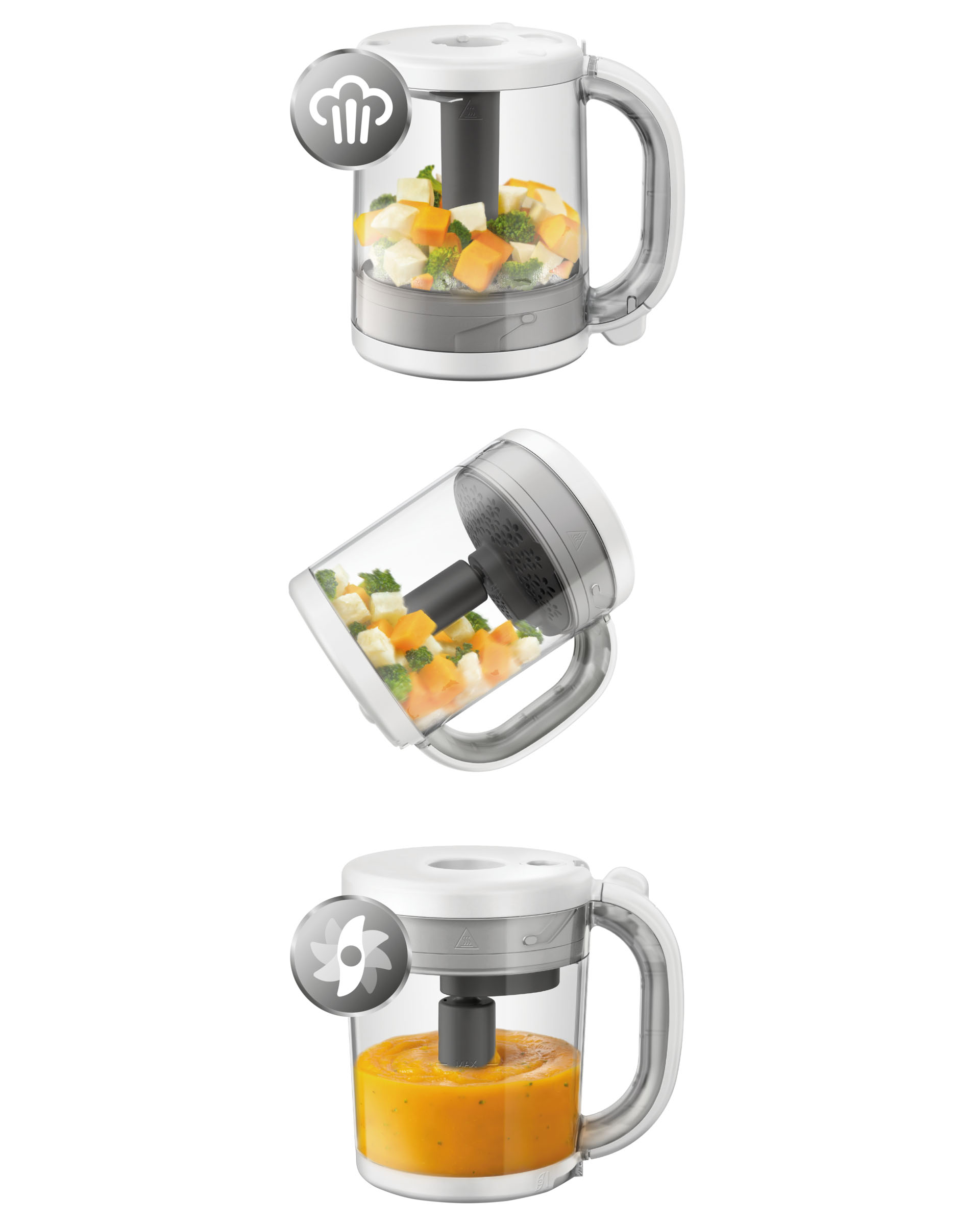 Drei Phasen der Küchenmaschine. Gehacktes Gemüse, dann Mixen, dann Püreesuppe, mit grauen Akzenten.