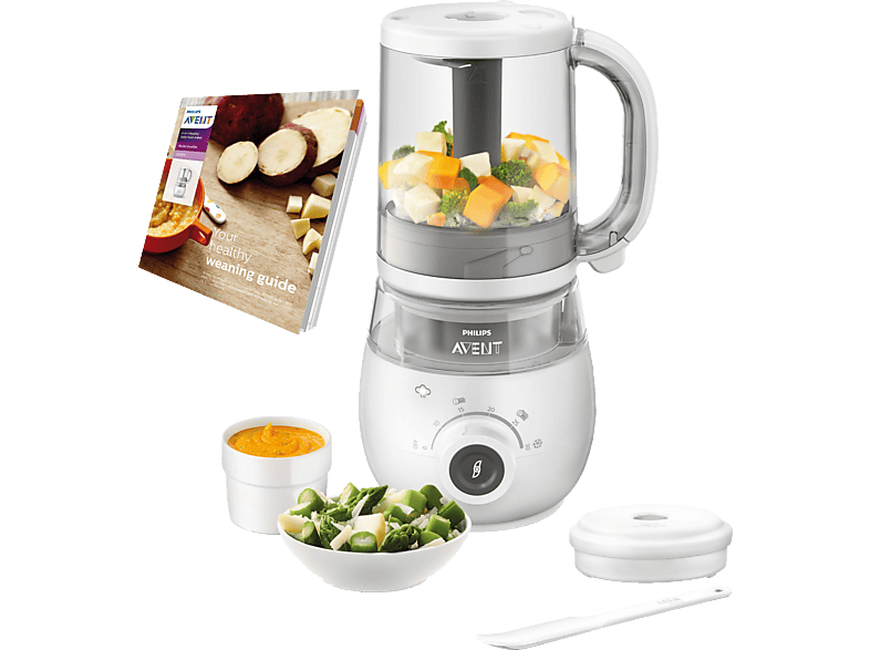 AVENT PHILIPS SCF883/01 4-in-1, Dampfgaren, Weiß/Grau aufwärmen, Mixen, Babynahrungszubereiter auftauen,