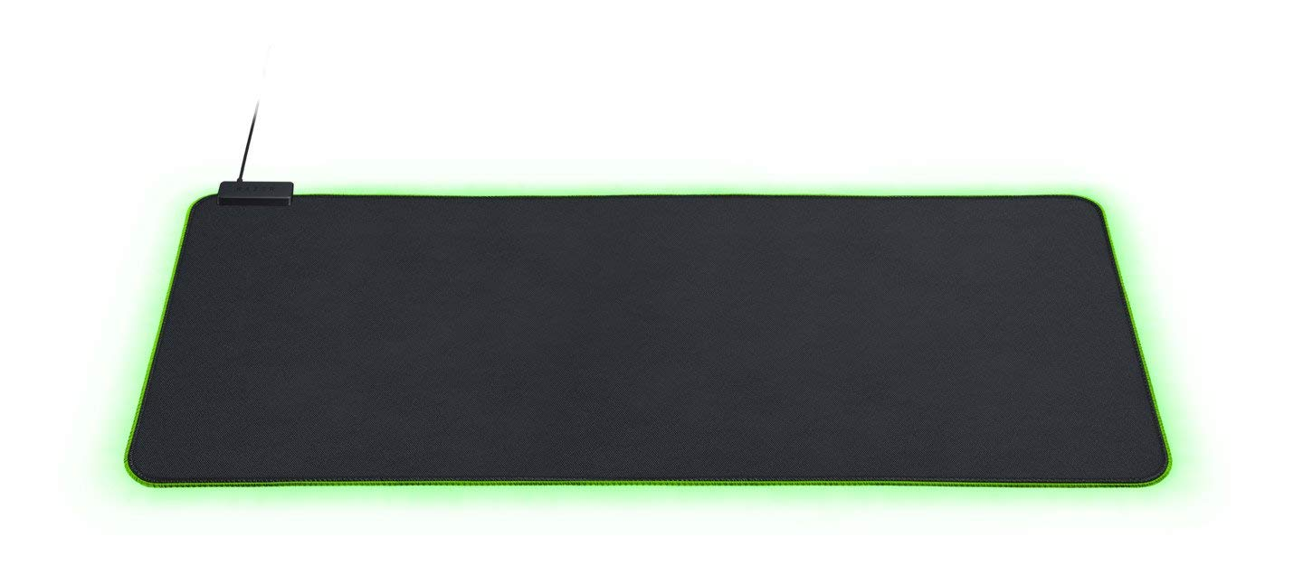 Black gaming mousepad with green glowing edges on a white background. Razer logo is visible.