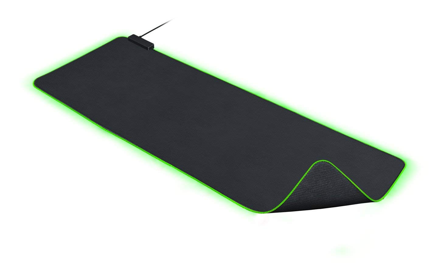 Black Razer mousepad with green glowing edge.