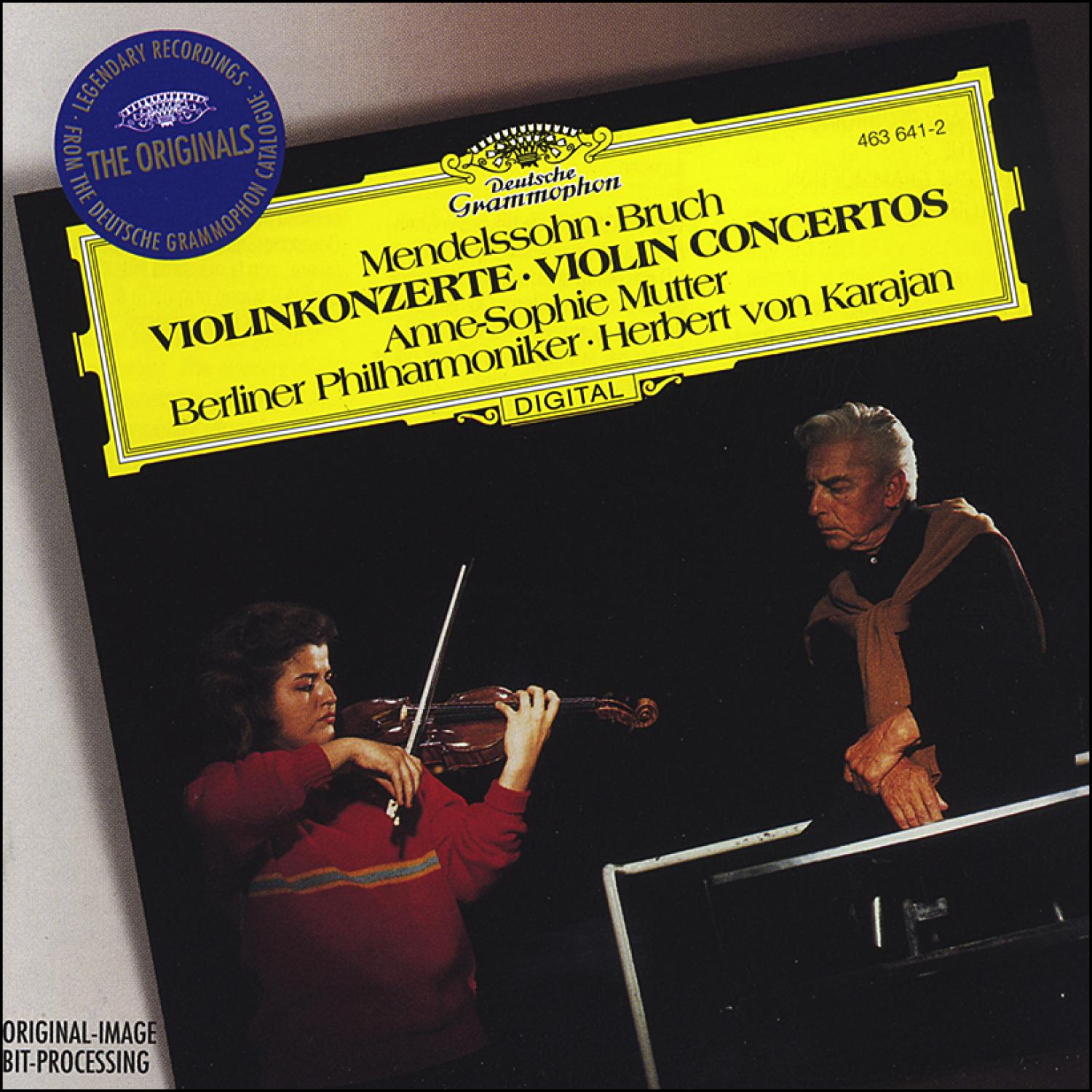 CD-Cover klassischer Musik. Eine Frau spielt Geige, ein Mann ist im Hintergrund, Text in Gelb.