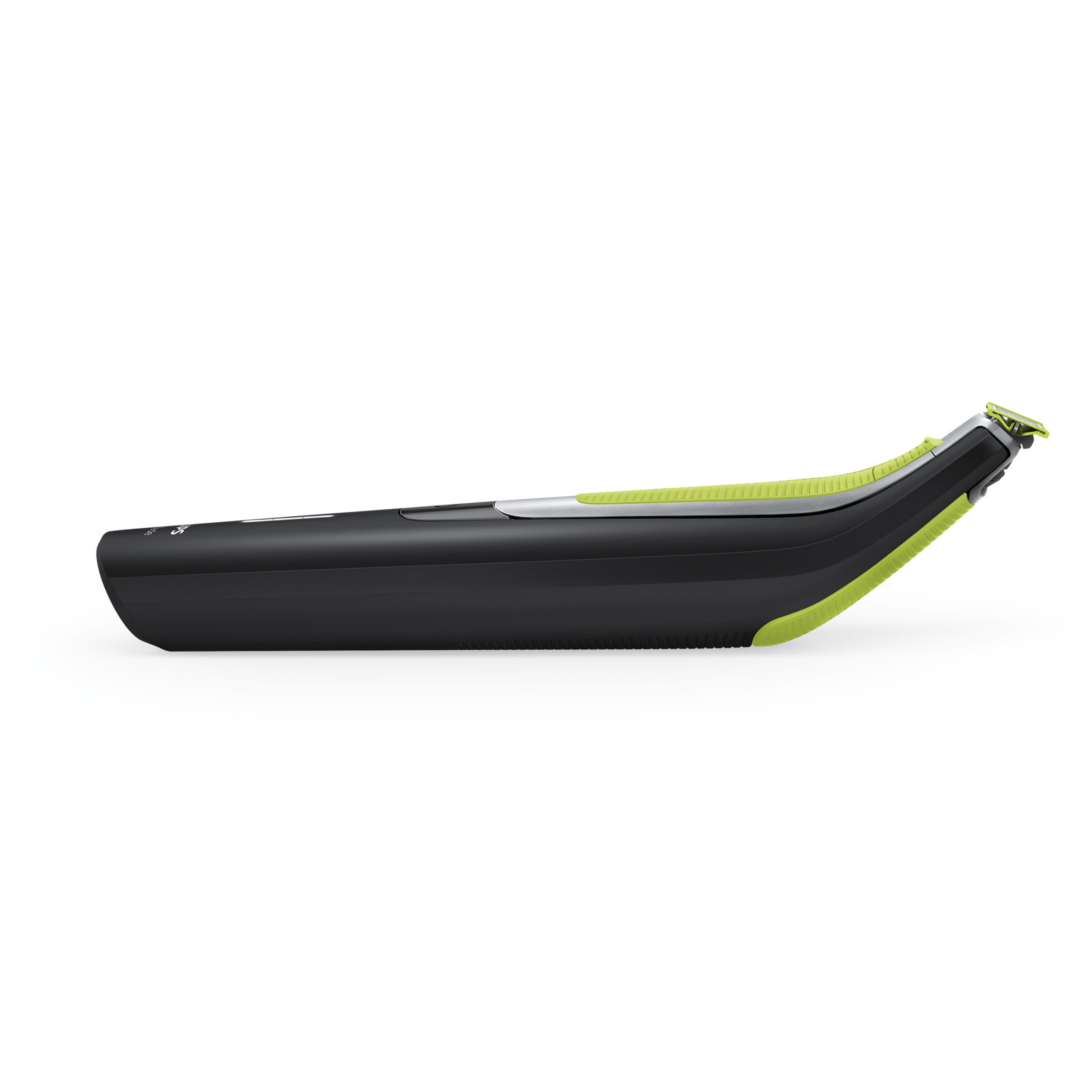 Ein schwarzer und grüner Philips Bodygroomer, von der Seite gezeigt.
