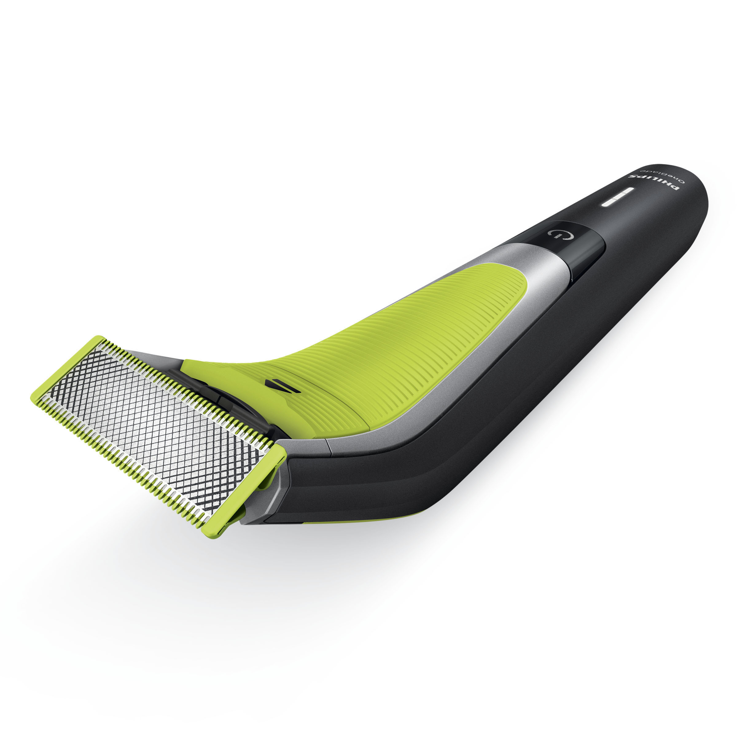 Grüner und schwarzer Philips OneBlade Rasierer. Abgewinkelter Kopf, weißer Hintergrund.