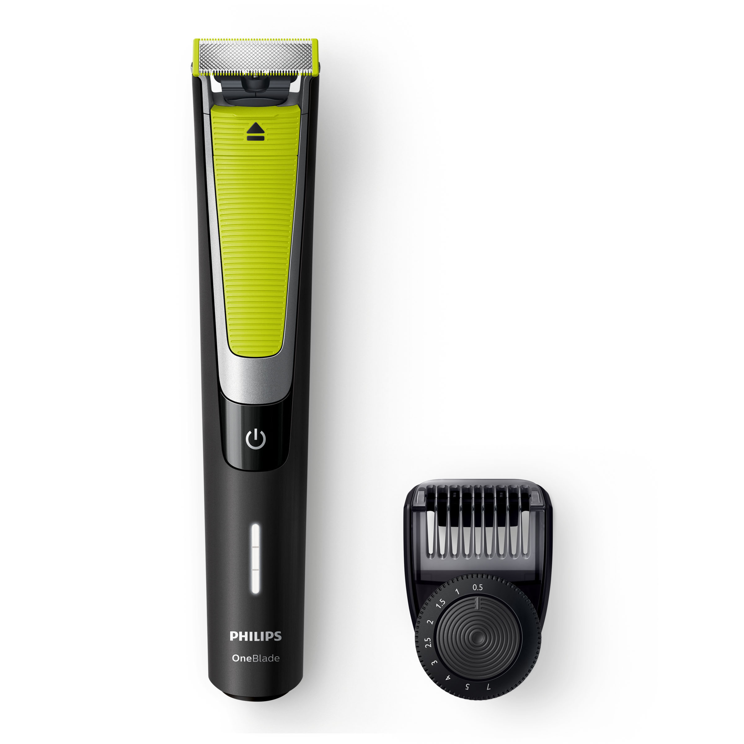 Philips OneBlade Trimmer und Klingenaufsatz, Schwarz- und Limettengrün, weißer Hintergrund.