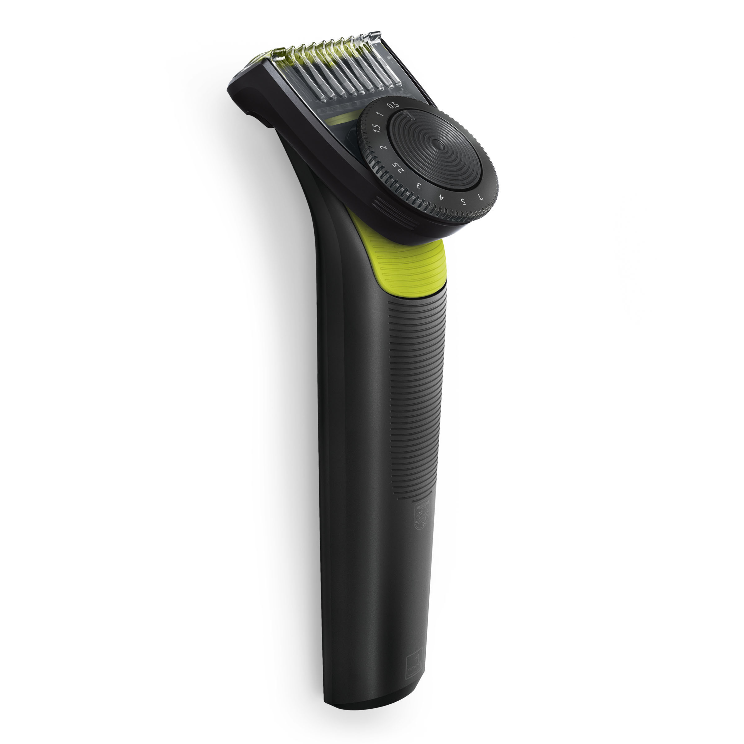 Schwarzer und grüner elektrischer Barttrimmer, Draufsicht. Er hat einen Längeneinstellknopf.