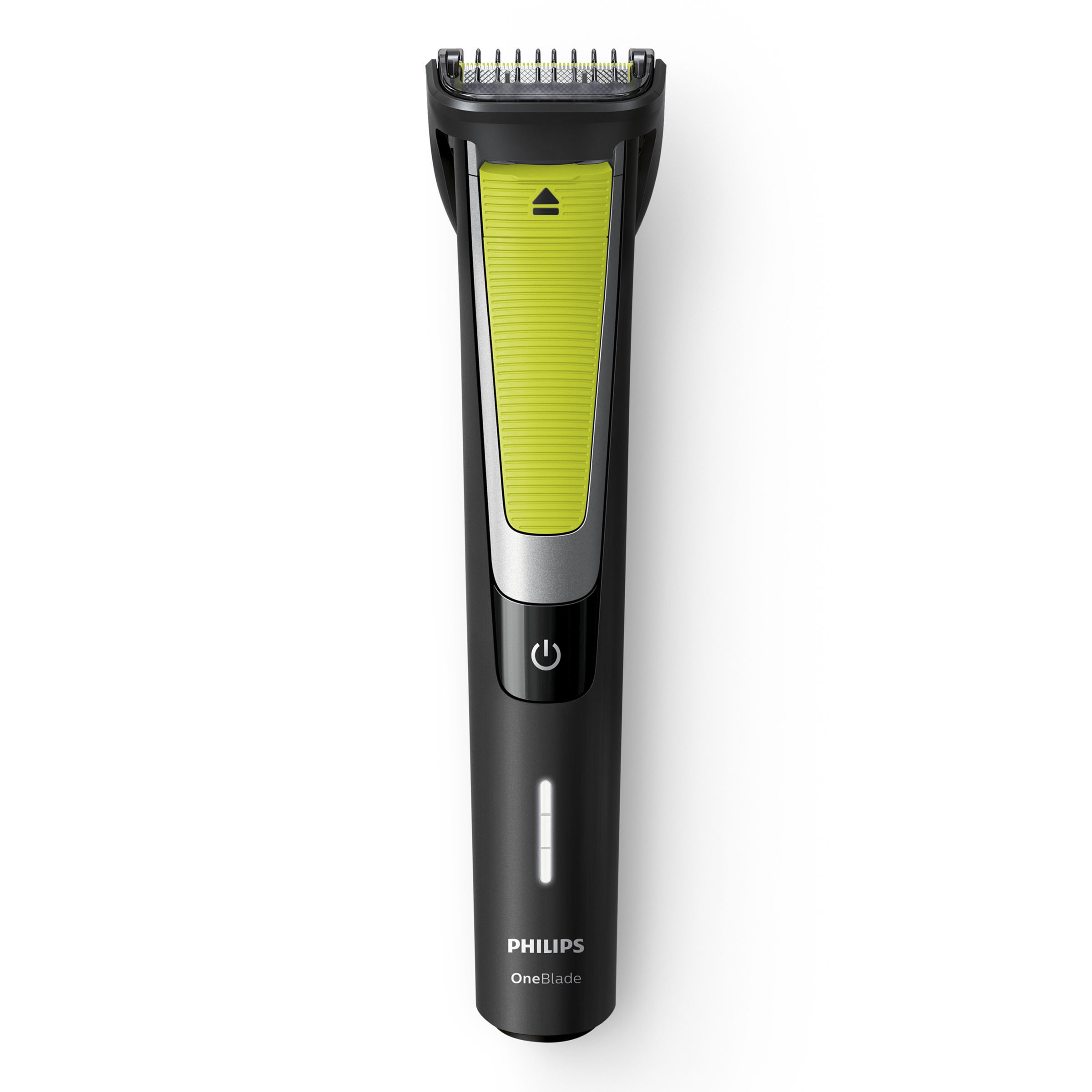 Schwarzer Philips OneBlade Trimmer mit grüner Klinge und Ein/Aus-Taste. Weißer Hintergrund.