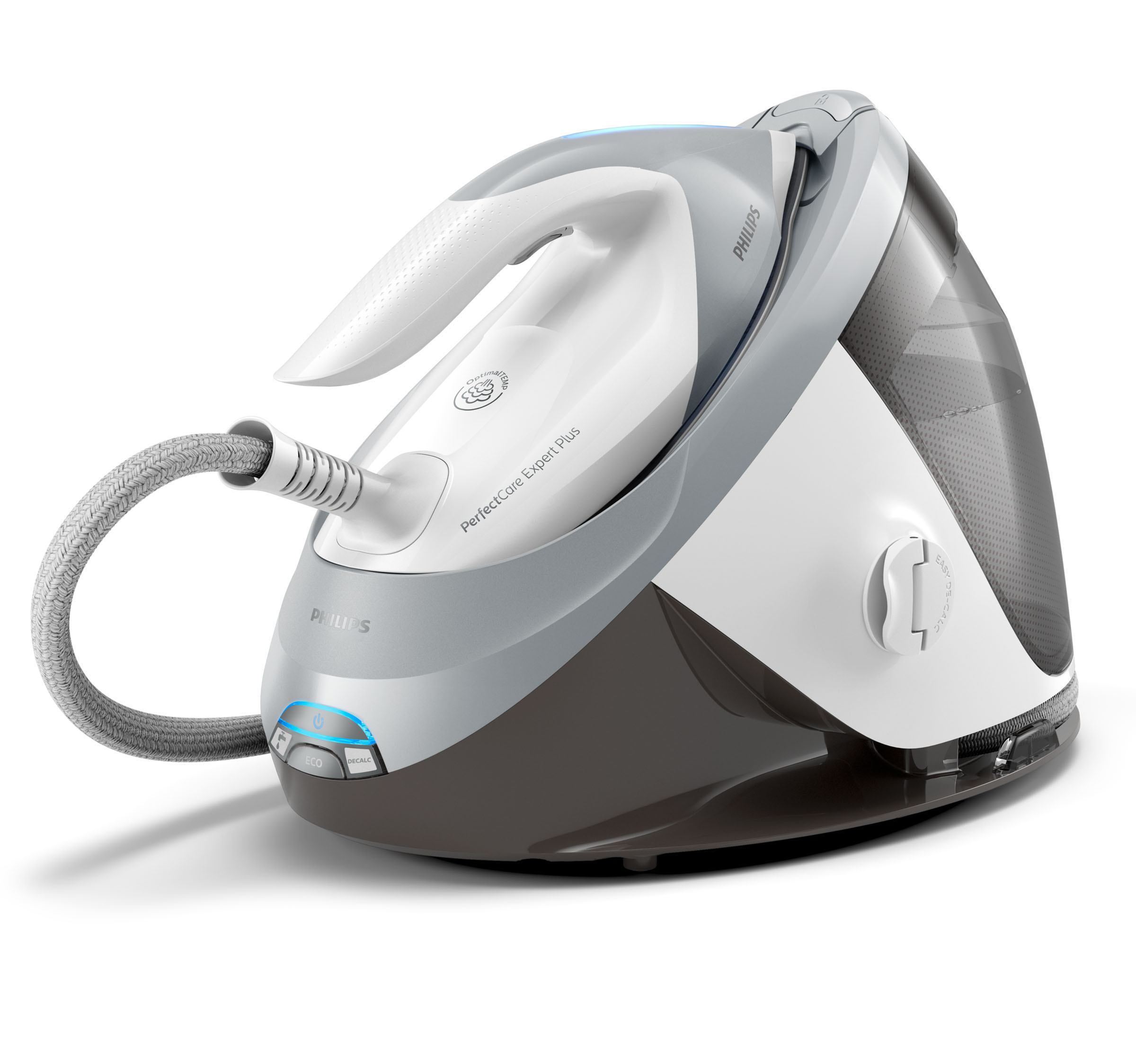 Ein weißes und graues Philips-Bügeleisen, Seitenansicht, mit grauem Kabel.