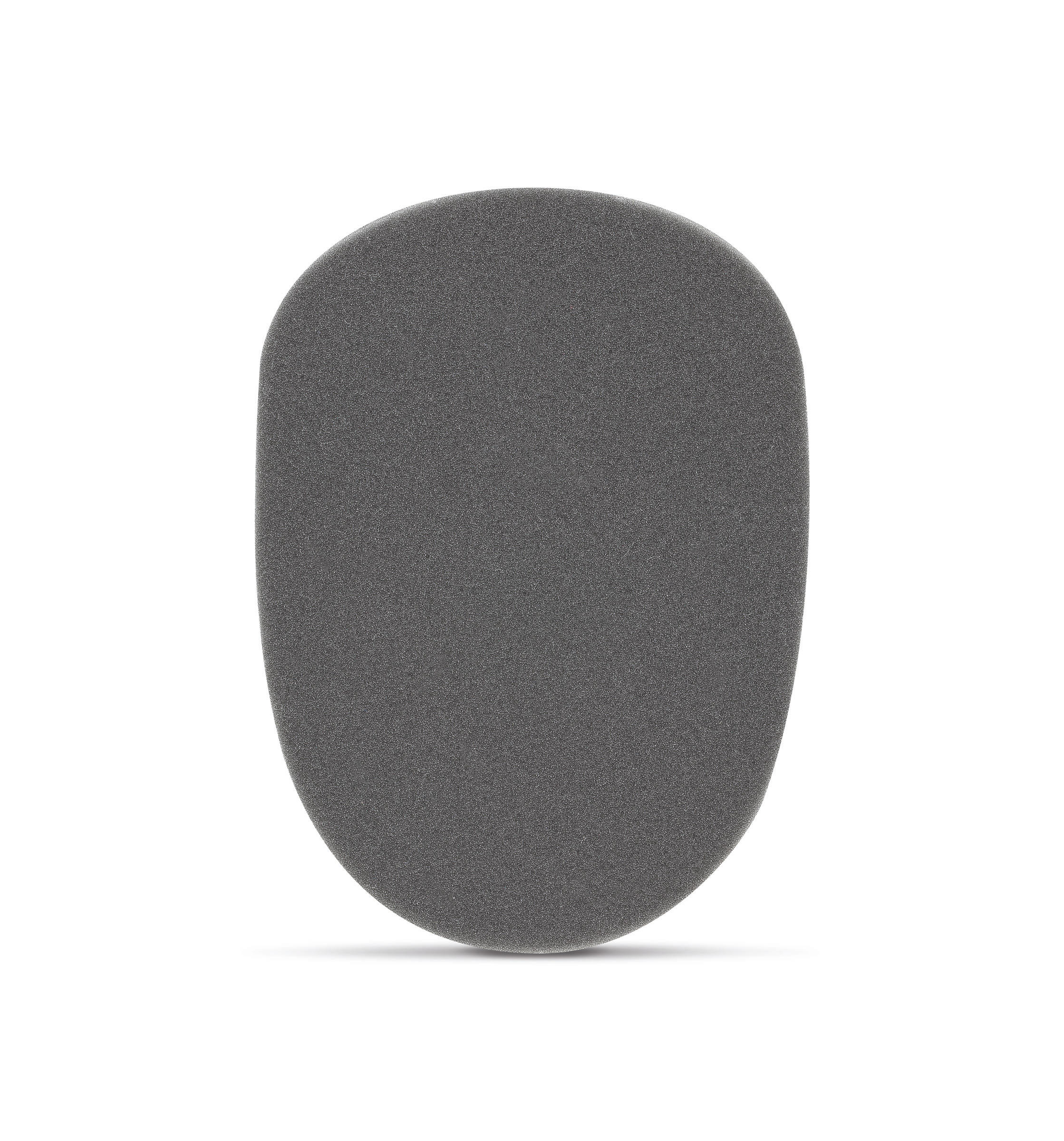Graues, oval geformtes Schaumstoff-Pad. Das Pad ist glatt und hat eine geschwungene Form.