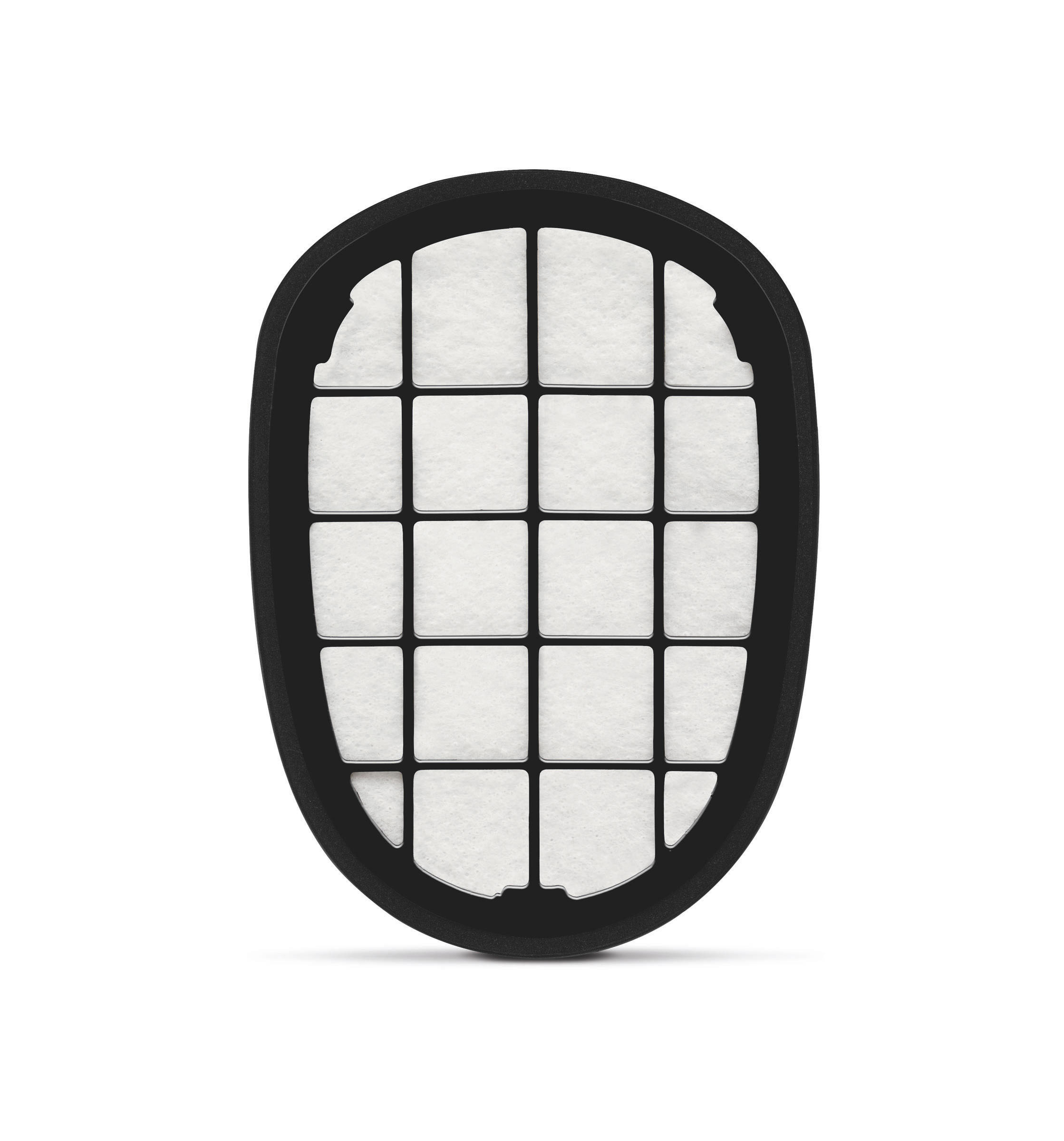 Ovaler Luftfilter mit schwarzem Rahmen. Der Filter besteht aus weißen Quadraten.