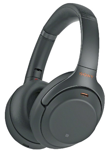 Dunkelgraue Sony-Kopfhörer mit orangefarbenen Akzenten. Sony-Logo sichtbar.