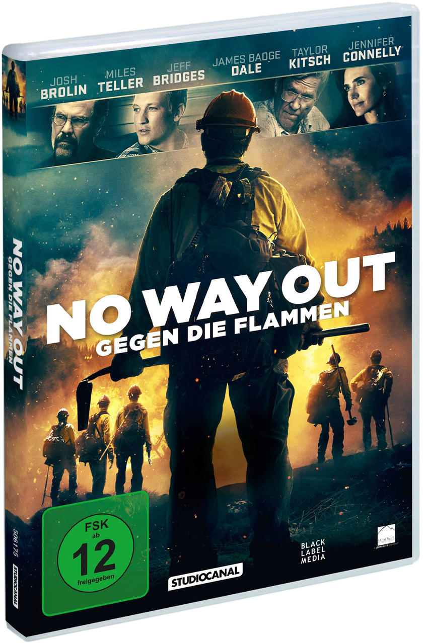 DVD-Hülle: 'No Way Out' mit Gesichtern von Schauspielern, Männern mit Werkzeugen, Feuer-Hintergrund.