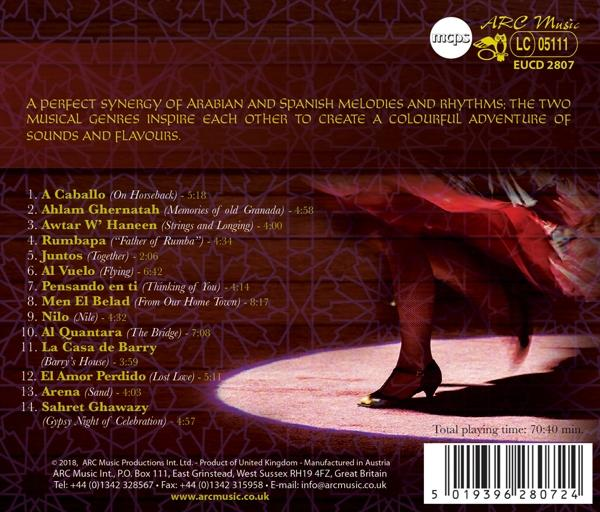 CD-Rückseite mit Text über arabische und spanische Musik, mit einer Tänzerin.