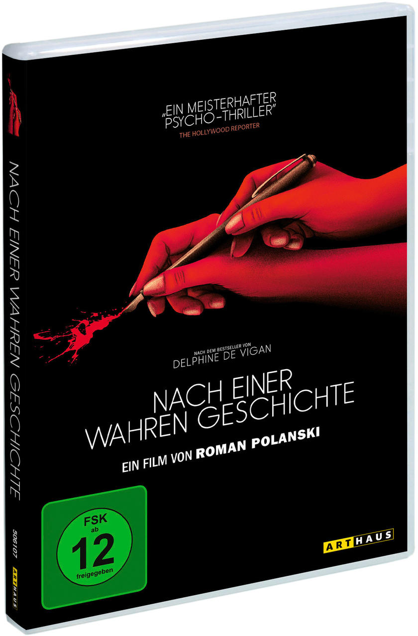 DVD-Hülle mit Filmtitel auf Deutsch. Zeigt eine Hand, die einen Stift mit Blutspritzern hält.