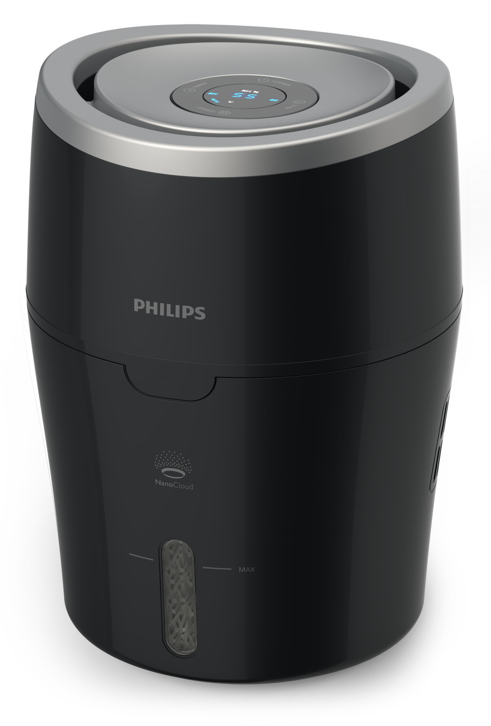 Schwarzer Luftreiniger mit silbernem Oberteil, digitale Bedienelemente. Marke 'PHILIPS' sichtbar.