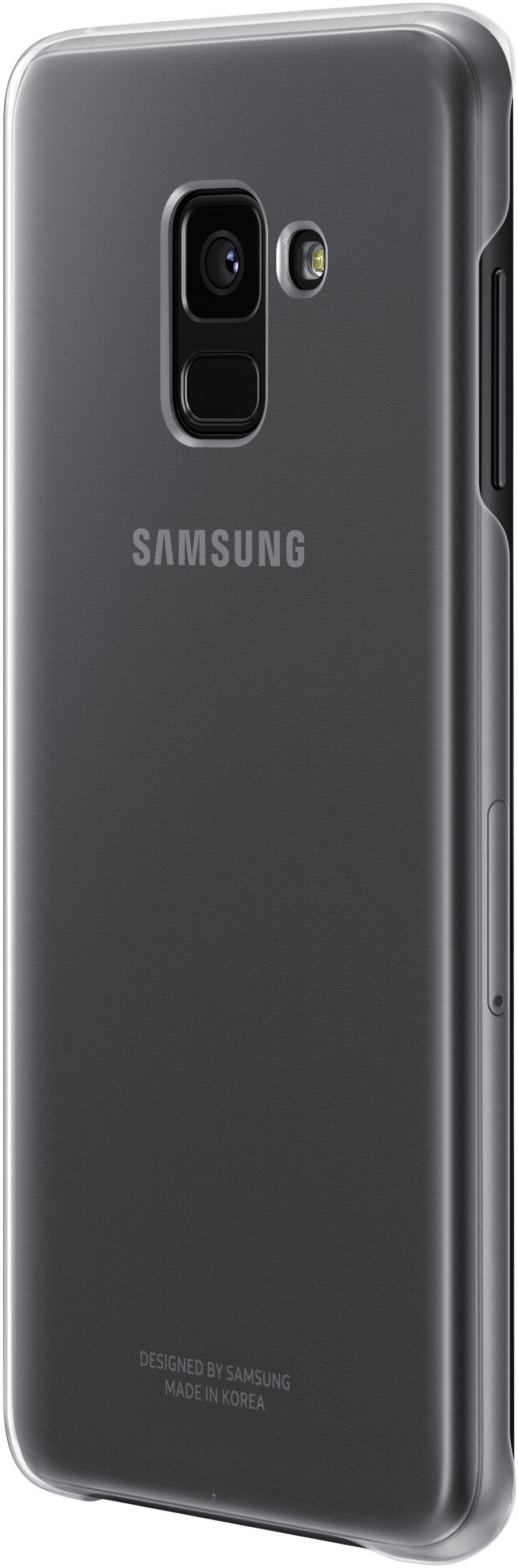 Eine transparente Handyhülle auf einem schwarzen Telefon. Das Samsung-Logo ist sichtbar.