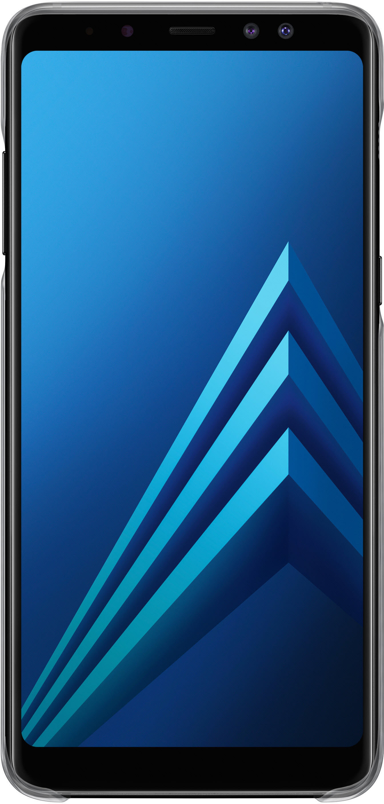Samsung Smartphone. Blaues geometrisches Gradientendesign auf dem Bildschirm. Schwarzer Rahmen.