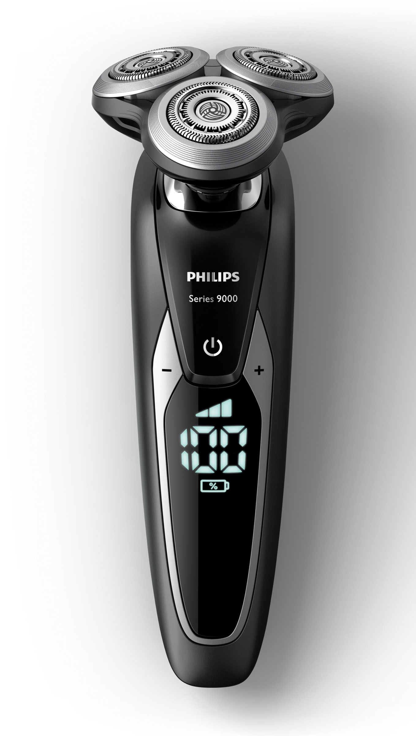 Ein schwarzer und silberner Philips Series 9000 Elektrorasierer, der den Akkustand anzeigt.