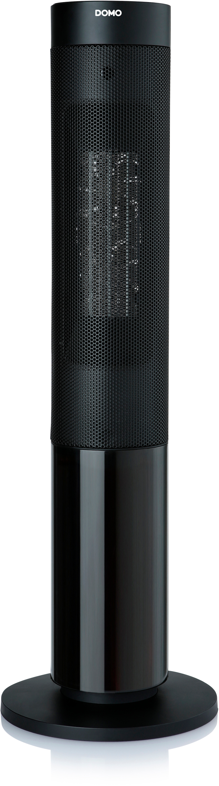 A tall black tower heater with a perforated metal front and a black base.