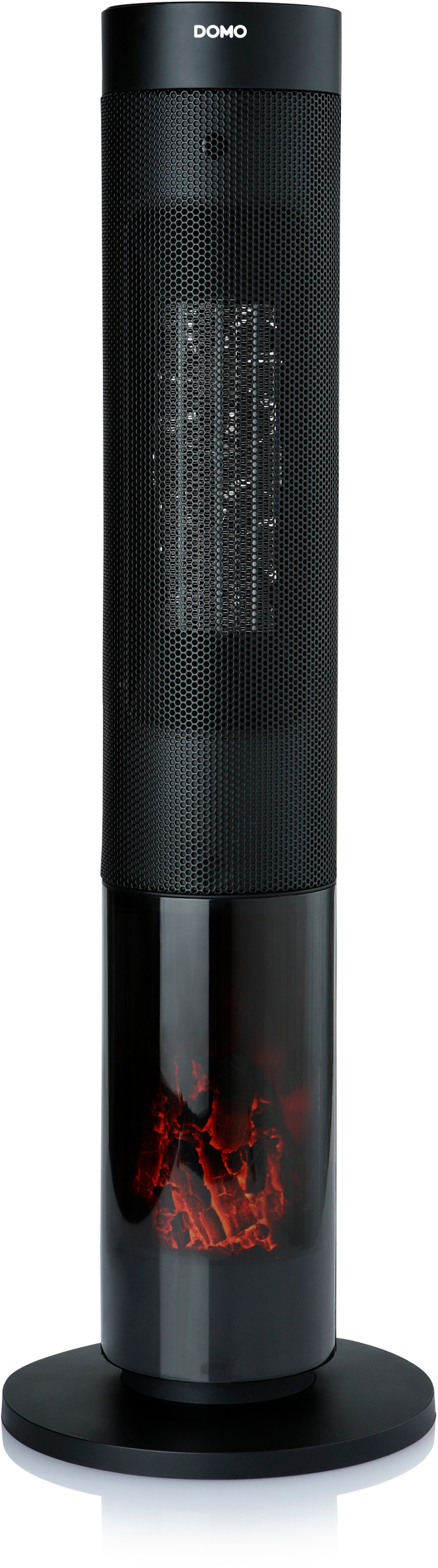 Black tower heater with red flame effect at the bottom.
