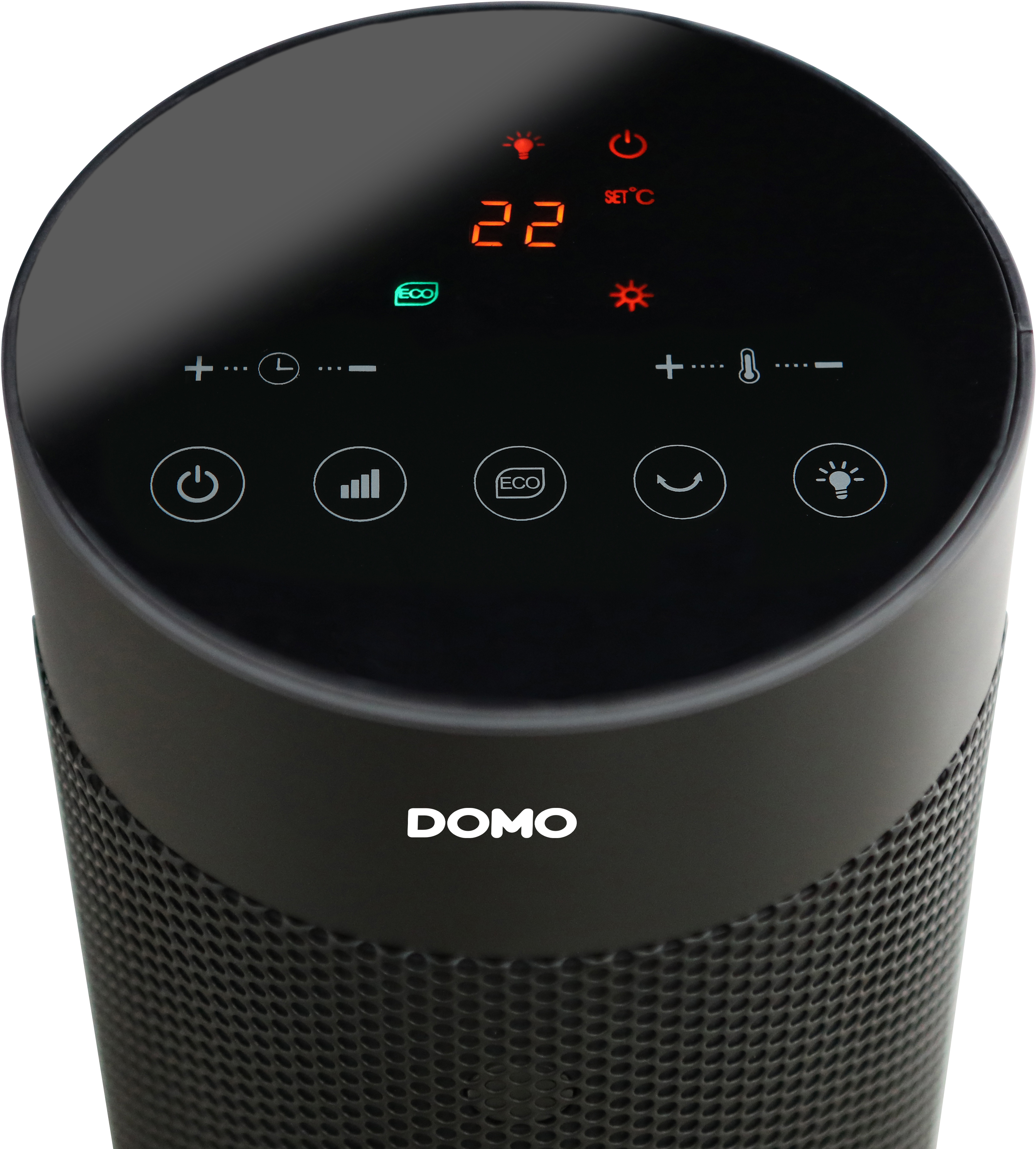 Black, cylindrical air purifier with a digital display and control panel on top.