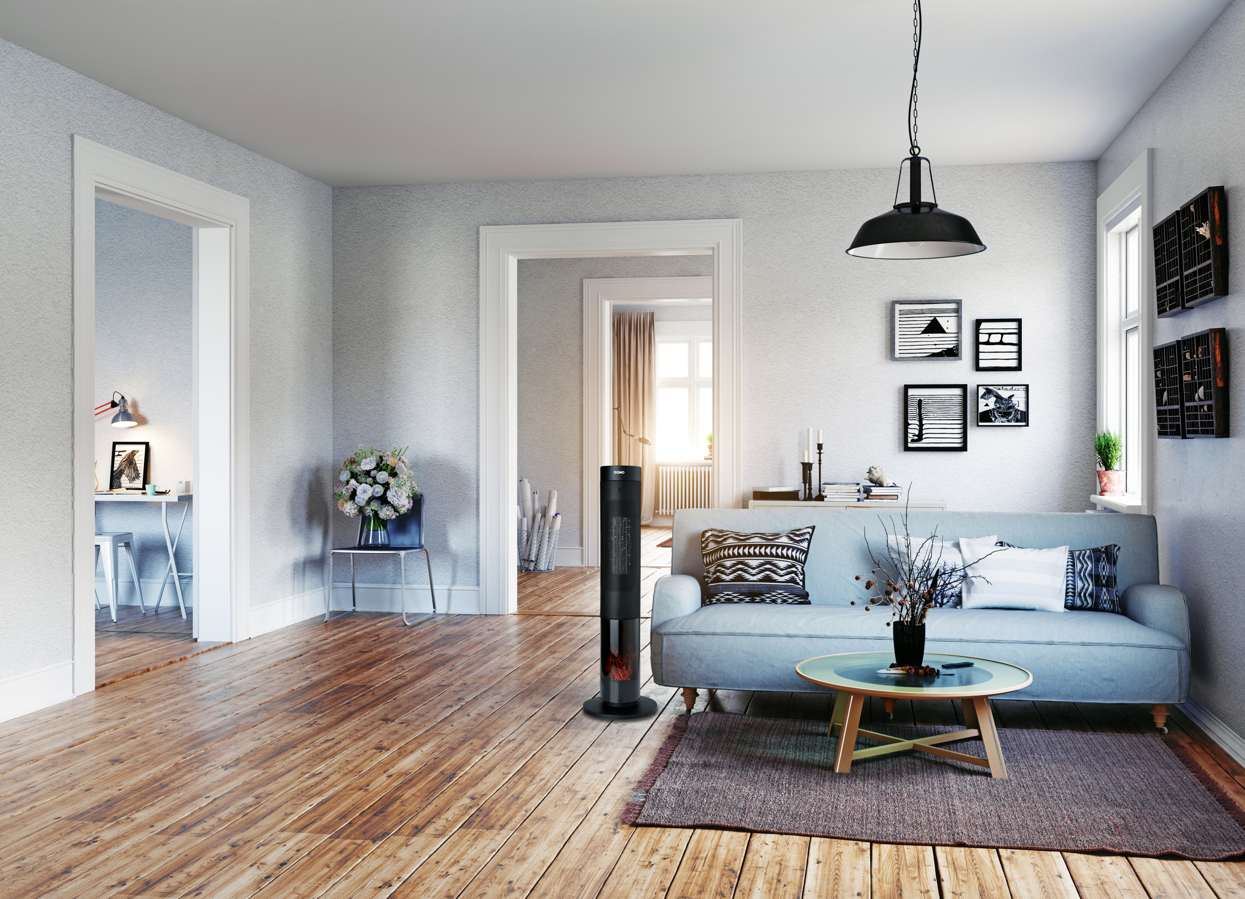Living room with hardwood floors, sofa, and heater.