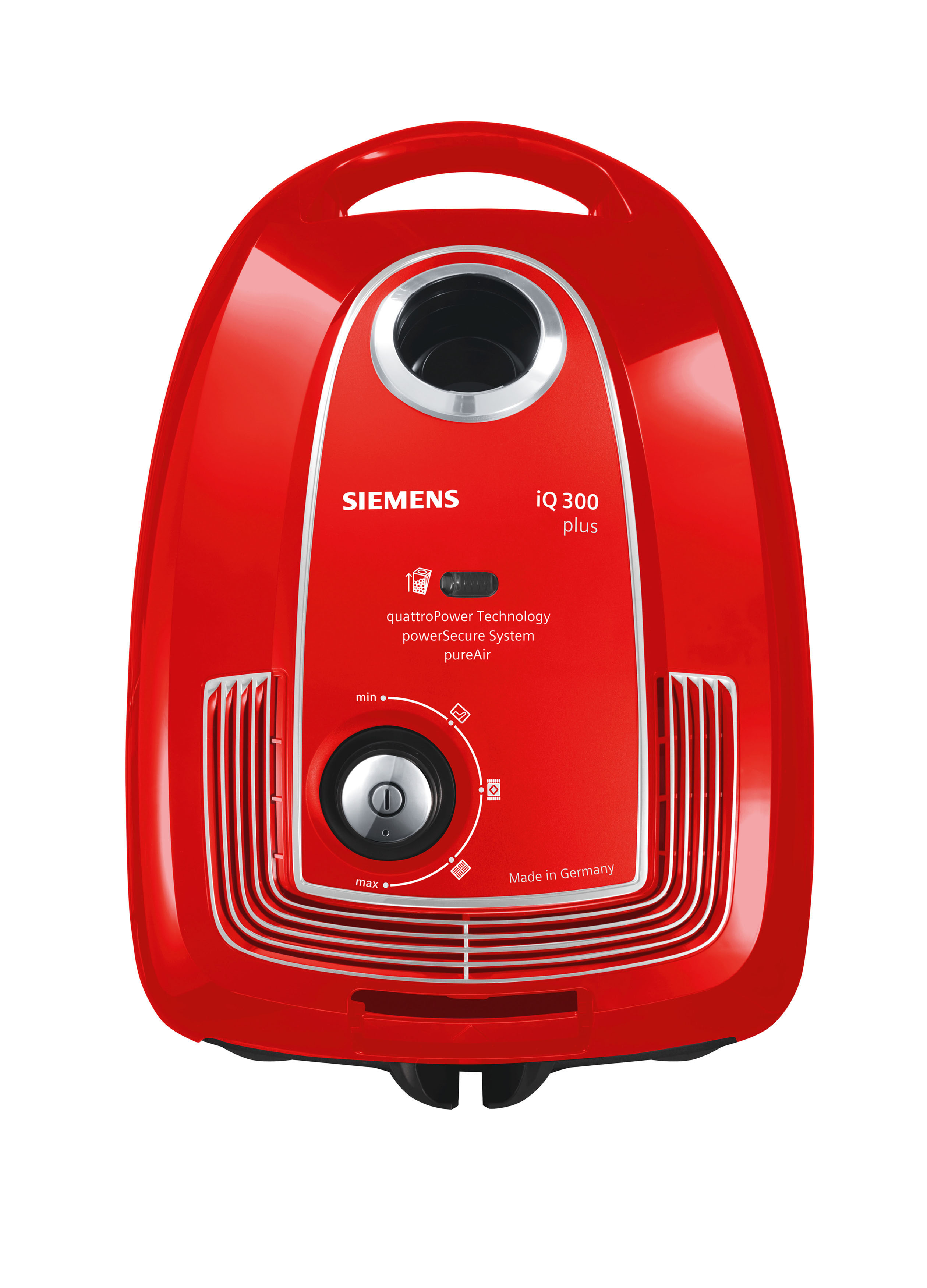 Roter Siemens Staubsauger. Er hat einen runden Körper mit Bedienelementen und einem Griff oben.