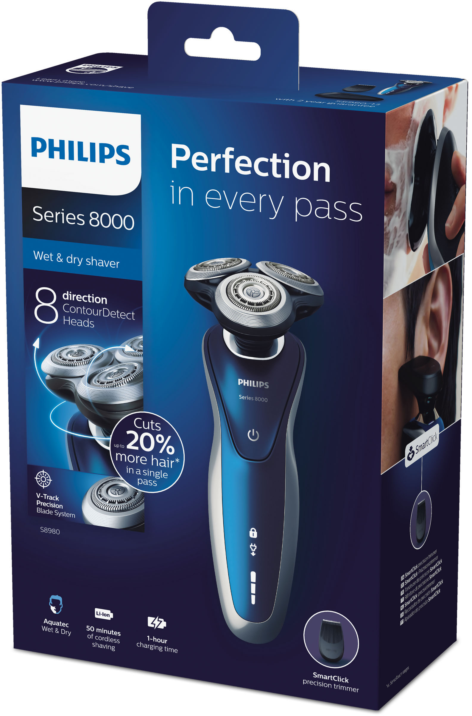 Elektrorasierer Philips Series 8000 in einer Box. Blau-weiße Verpackung. Rasierer ist blau und silber.