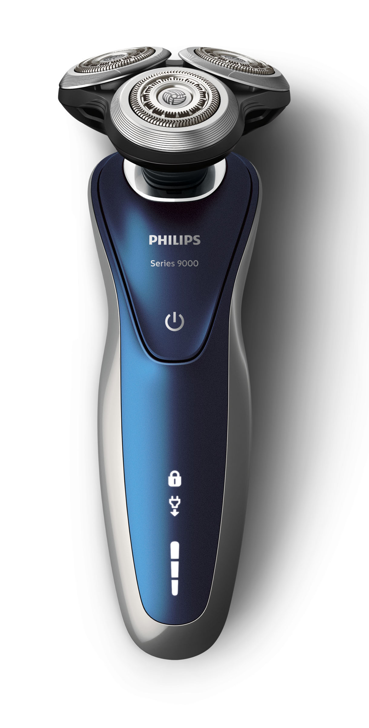 Elektrischer Rasierer Philips Series 9000. Blau-silbernes Gehäuse mit drei Köpfen.
