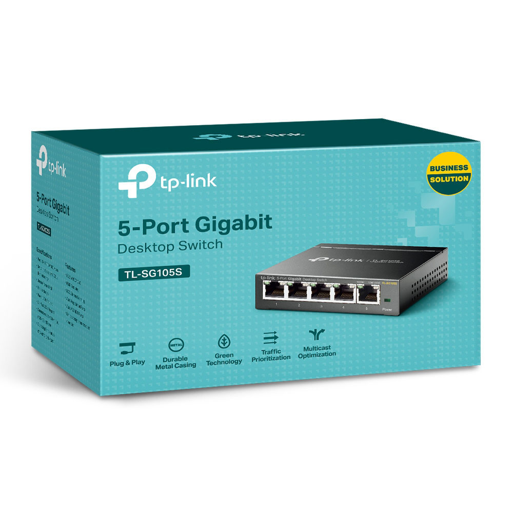 Ein tp-link 5-Port Gigabit Desktop Switch in seiner Box. Mit Funktionssymbolen.