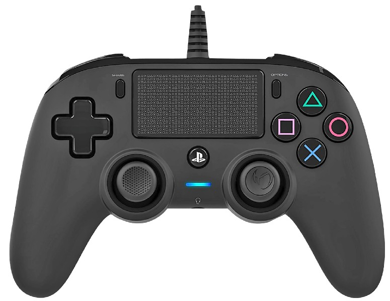 Mando negro de PlayStation. Botones, panel táctil y luz azul.
