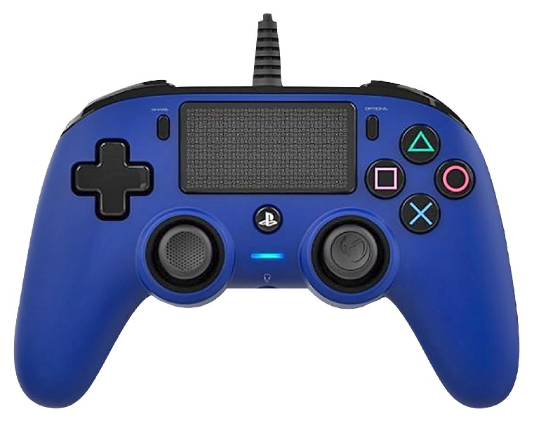 Ein blauer PlayStation-Controller mit verschiedenen Tasten. Es hat ein schwarzes Kabel.