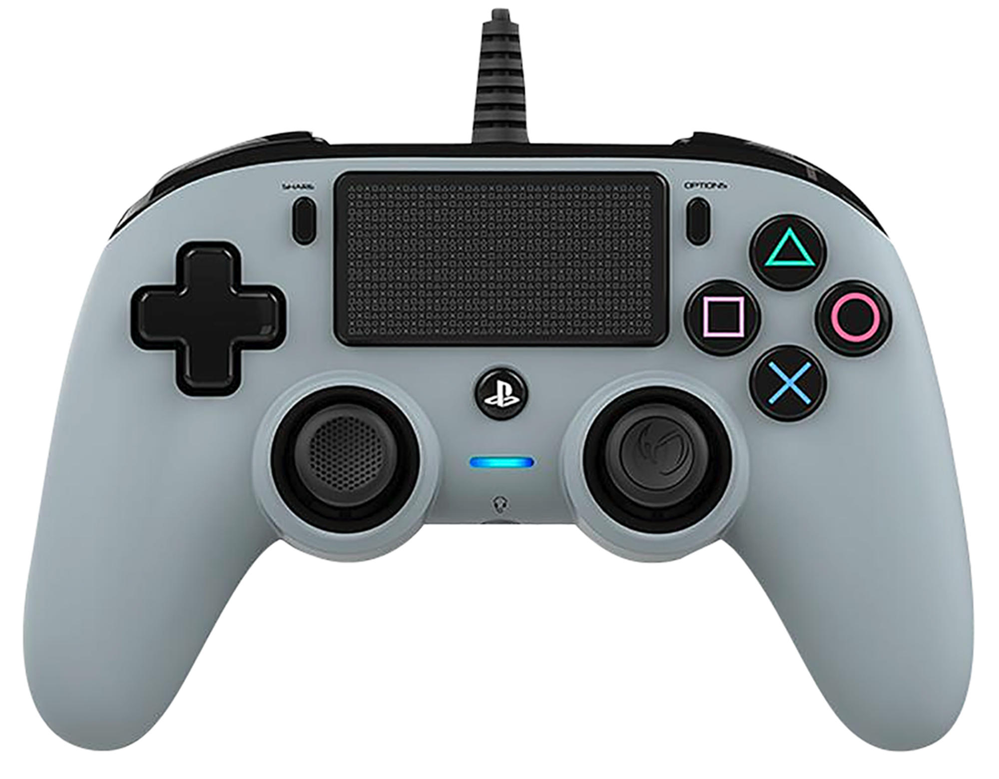 Ein hellgrauer PS4-Controller mit schwarzem D-Pad, Knöpfen und einem angeschlossenen Kabel.