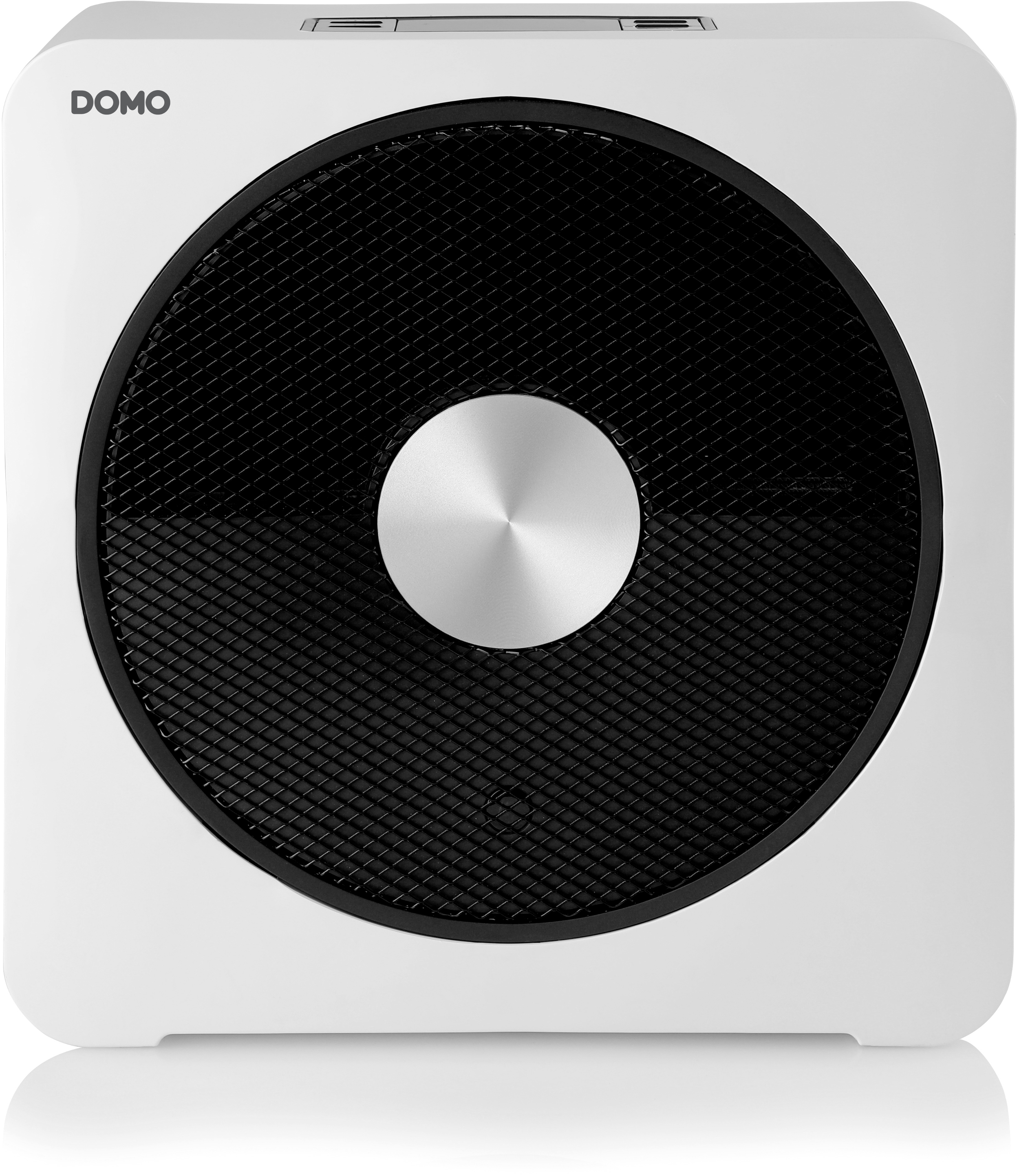 A white, square air purifier with a black, circular grill and a silver center on a white surface.