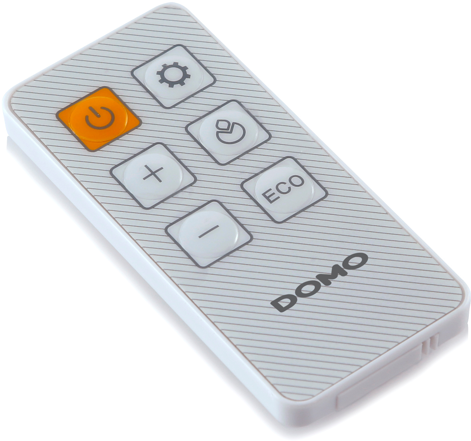 A white remote control with several buttons. The power button is highlighted in orange.