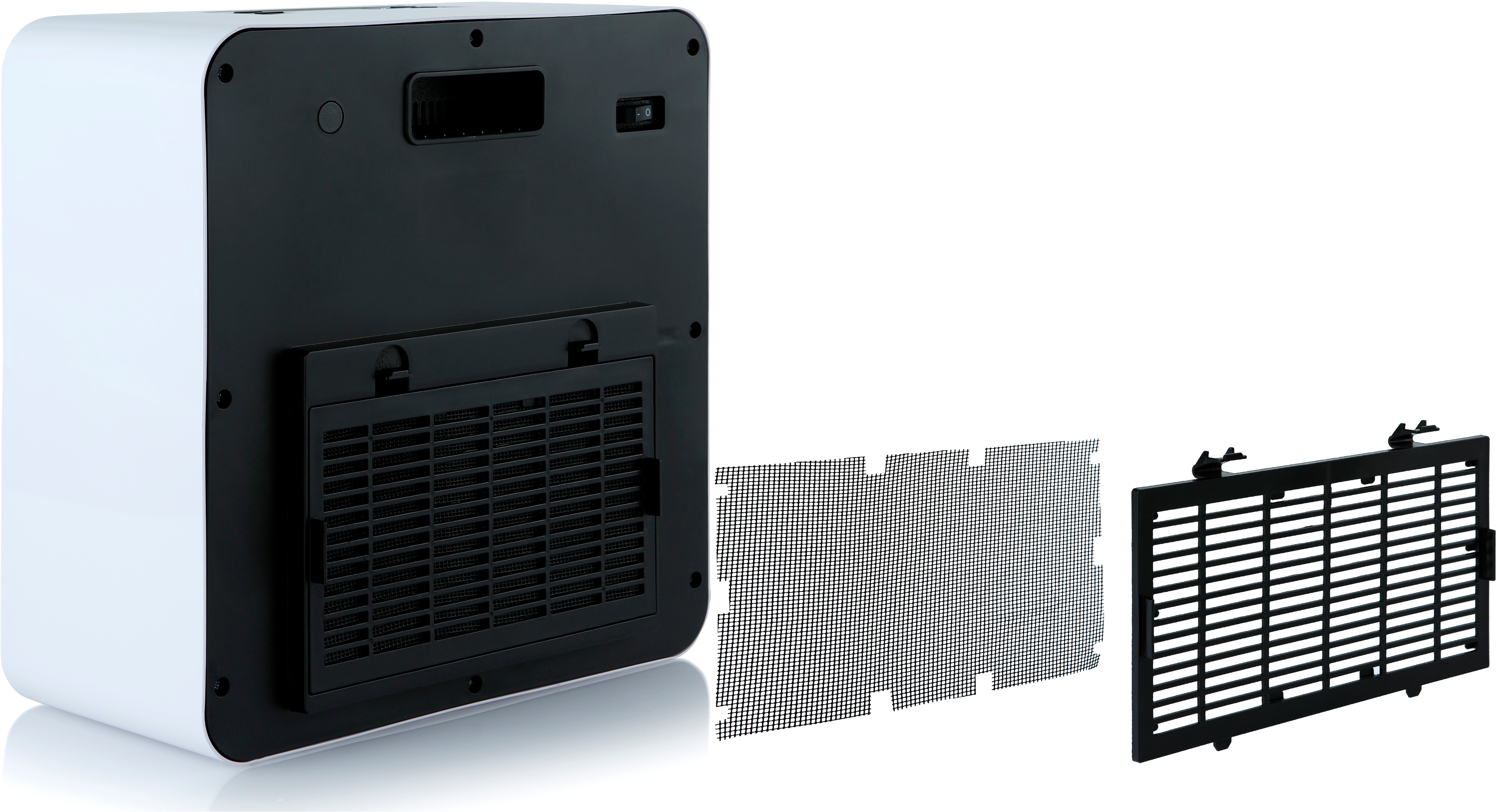 White and black air purifier, with filter and panel detached. Back view with power switch.