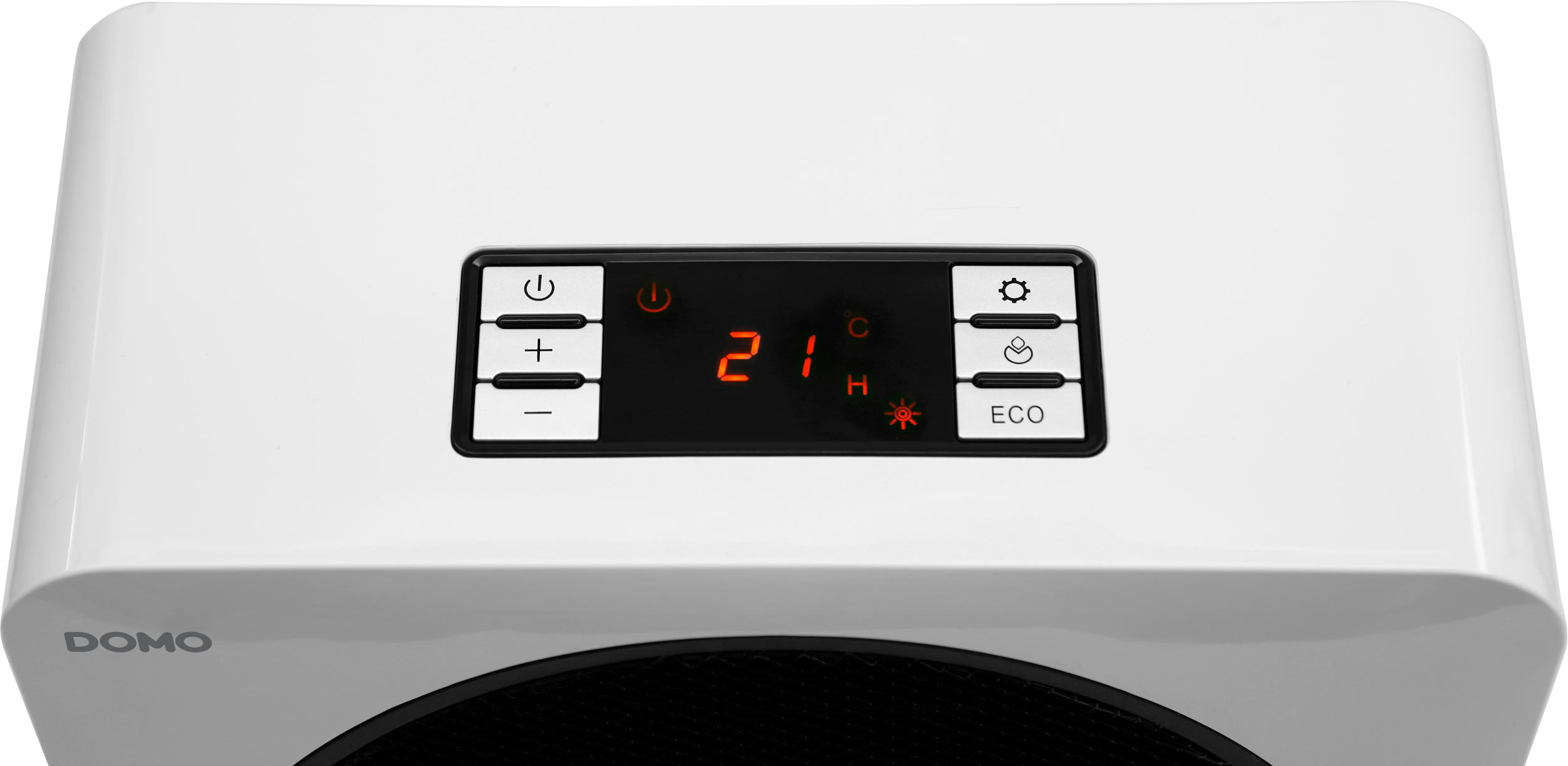 White electric heater with a digital display showing 21°C, and various control icons.