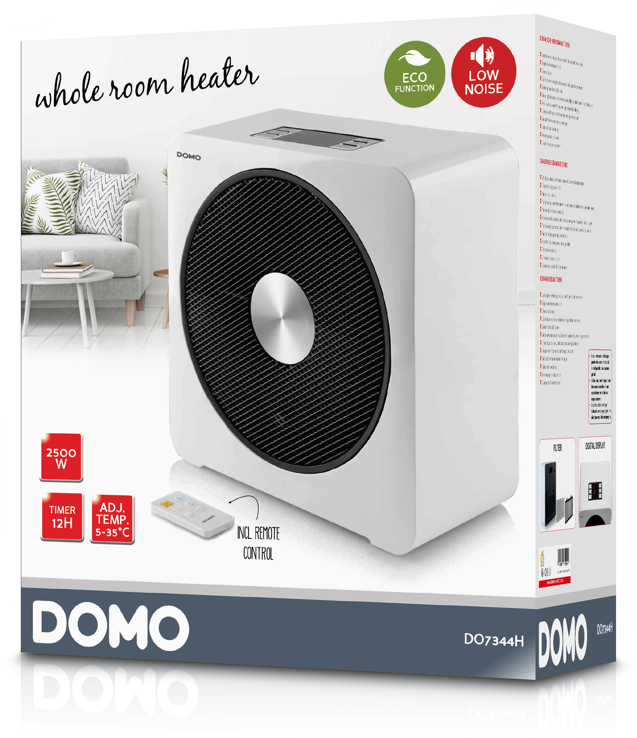 A white whole room heater with a control panel and a remote, with the box label.
