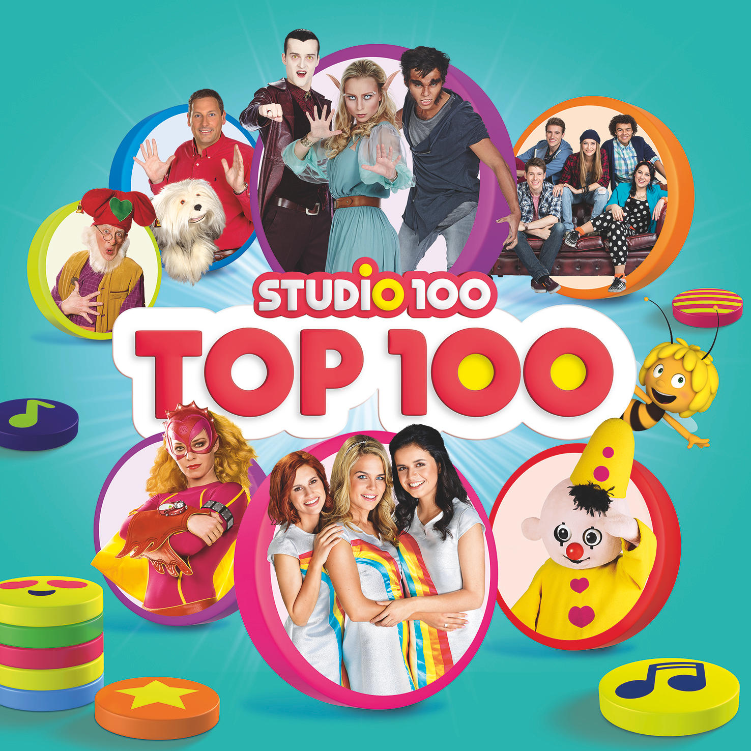 Couverture de Studio 100 TOP 100. Divers personnages de dessins animés et une abeille.