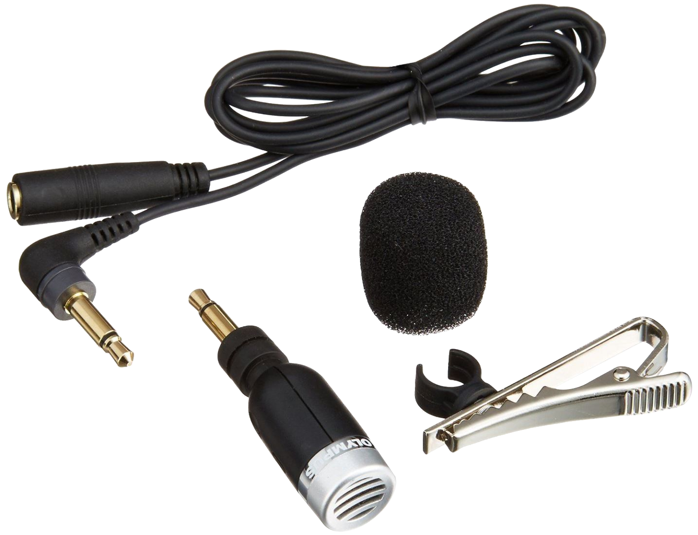 Mikrofonkészlet: mikrofon, adapter és csipesz. Mind fekete, fehér háttéren. Olympus márka.