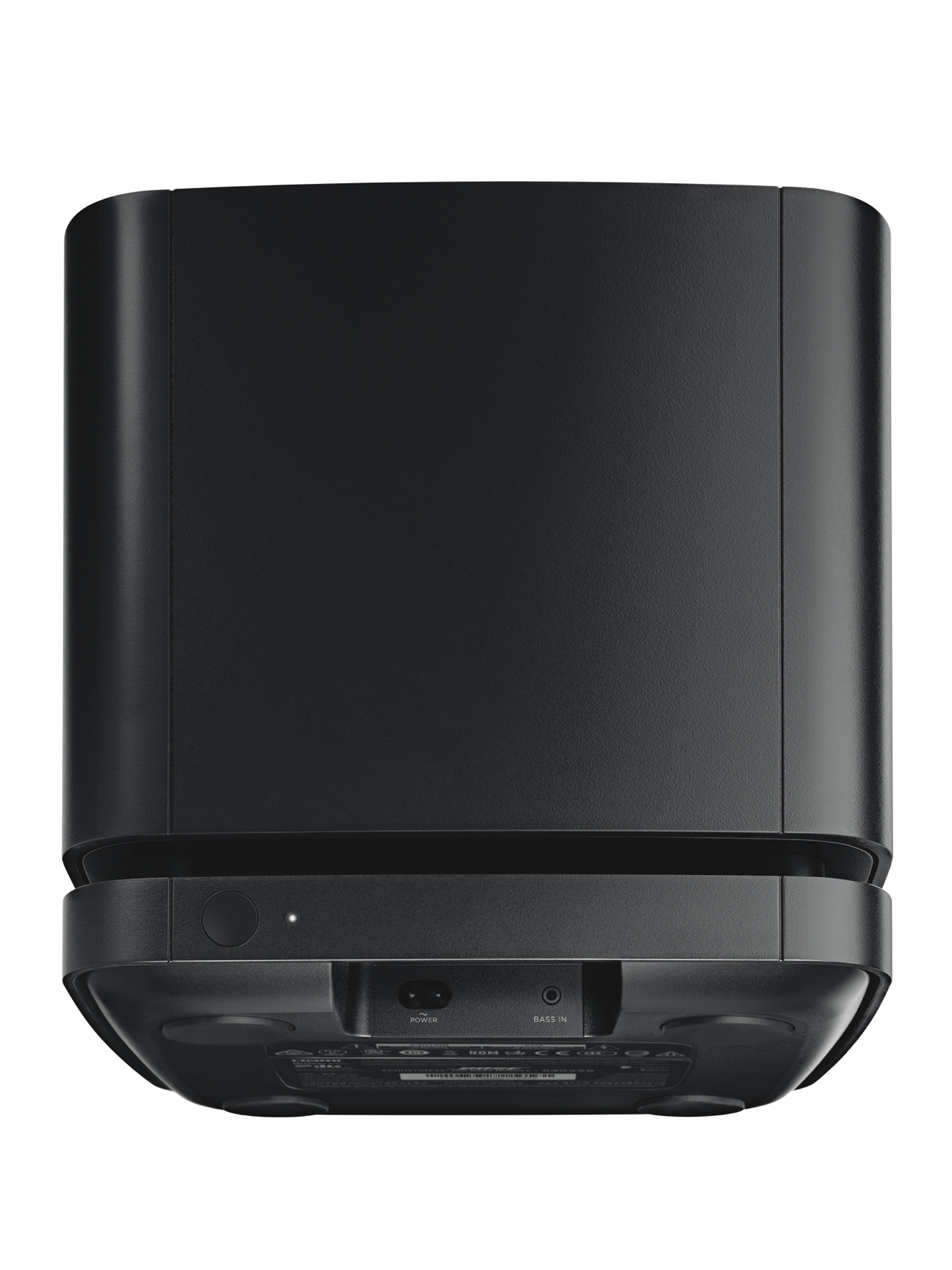 Schwarzer Bose-Subwoofer mit Bedienelementen unten, weißer Hintergrund.