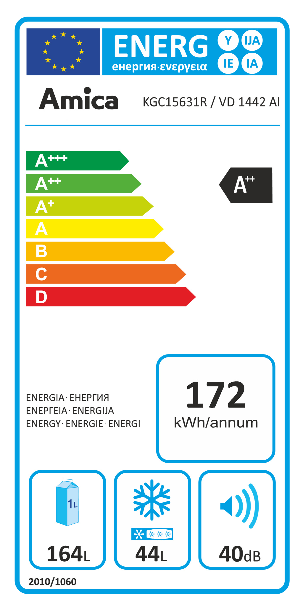 Amica hűtő energia címke: A++ osztály, 172 kWh/év, 164L hűtőtér, 44L fagyasztó, 40dB.