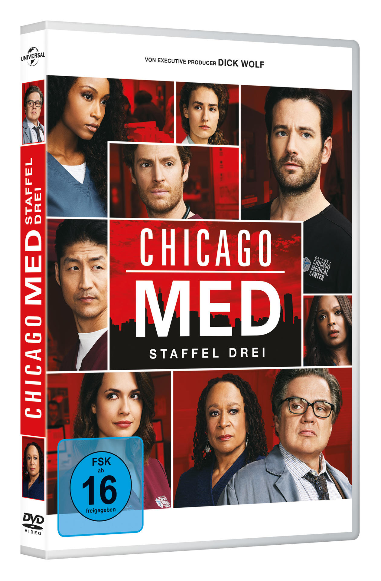 Chicago Med, Staffel 3 DVD-Cover. Auf dem Cover sind Gesichter der Darsteller zu sehen.