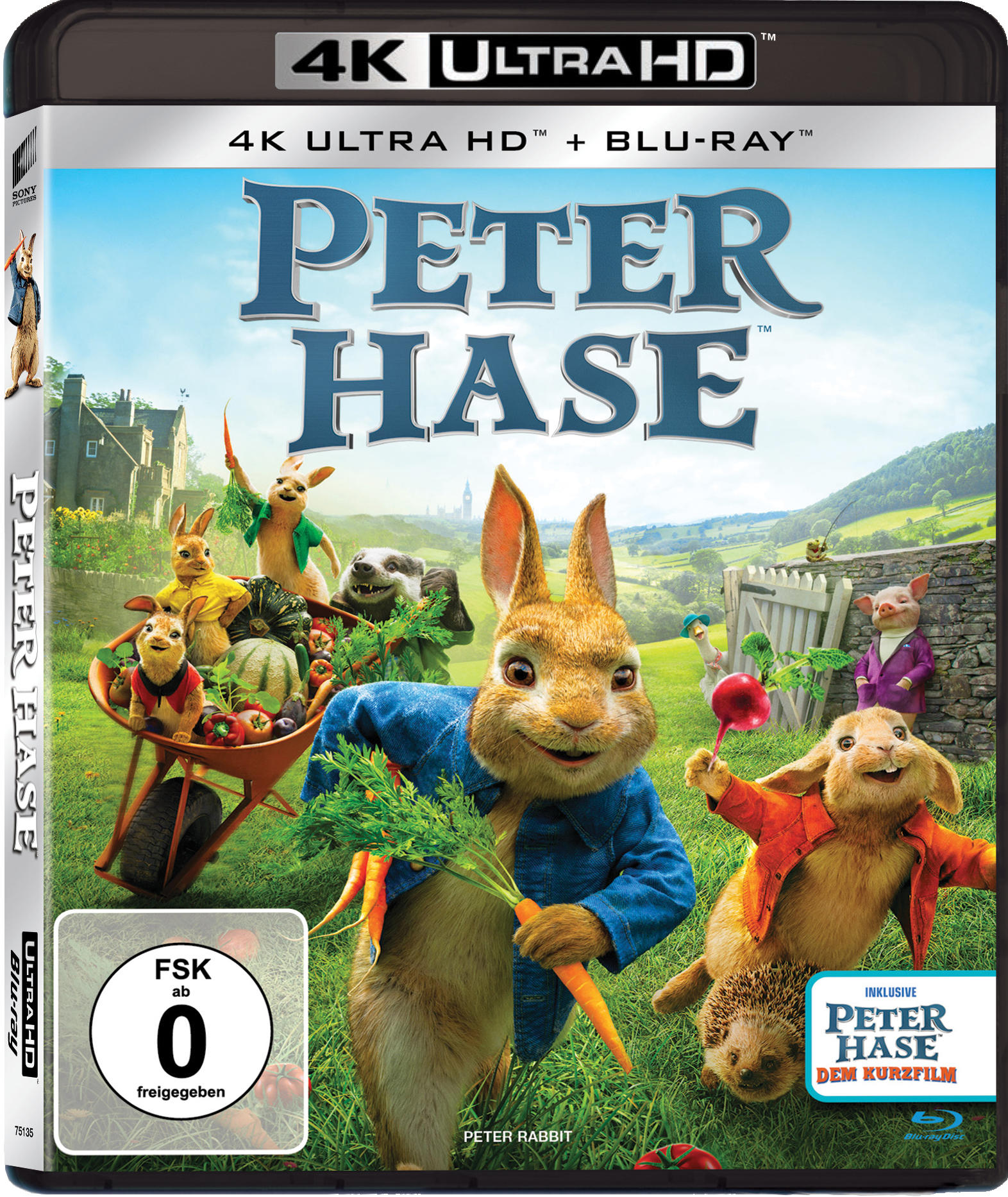 Peter Rabbit DVD-Cover mit verschiedenen Charakteren. Der Hintergrund ist grün.