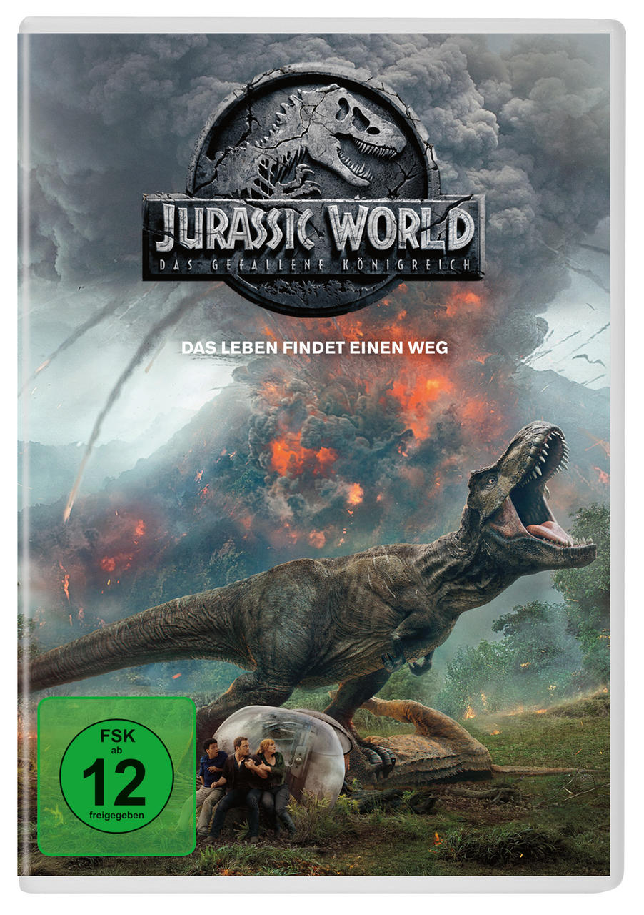 Jurassic World DVD-Cover. Ein T-Rex brüllt. Menschen rennen vor einem Dinosaurier weg. Vulkan im Hintergrund.