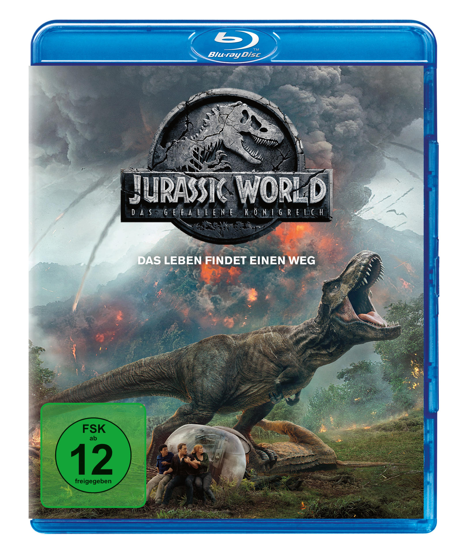 Eine Blu-ray-Hülle mit einem Filmplakat eines Dinosauriers. Das Poster ist für den Film Jurassic World.