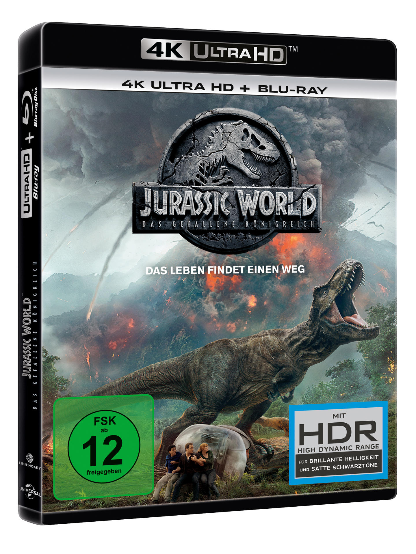 Eine Jurassic World Blu-ray Disc Hülle. Das Cover zeigt einen Dinosaurier und einen Vulkan.