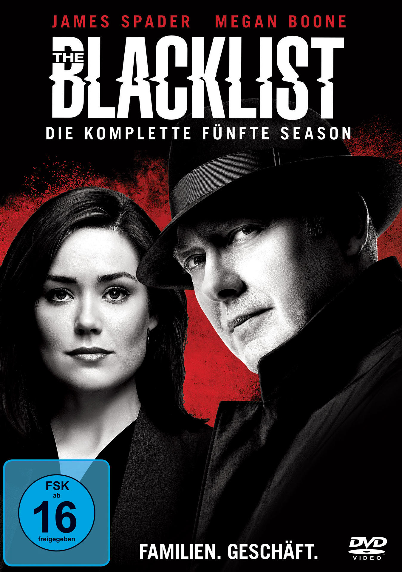 DVD-Hülle für The Blacklist. James Spader und Megan Boone sind vorne. Text: Die komplette fünfte Staffel.